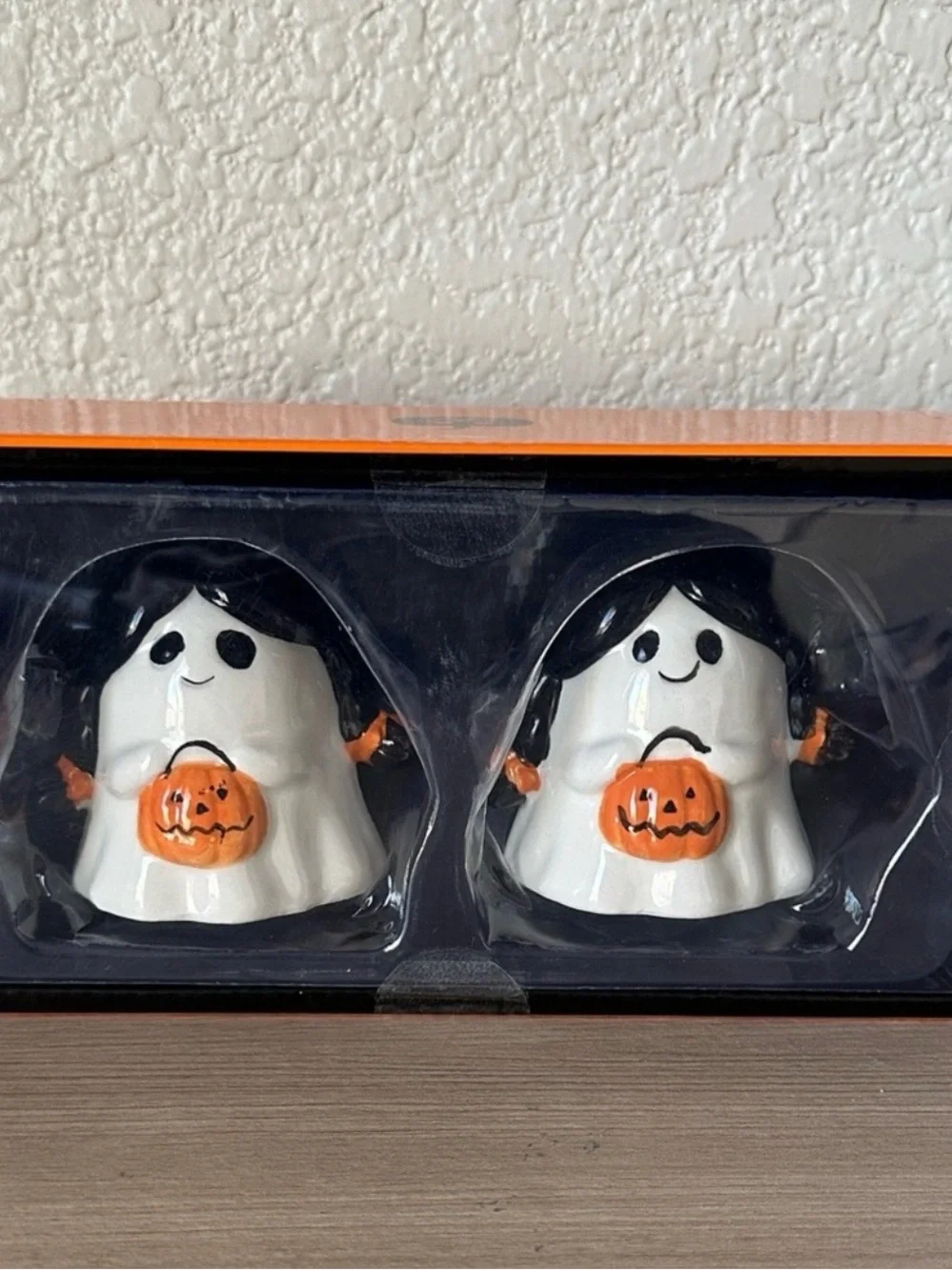 Ceramic Ghost Halloween Salt & Pepper Shakers - White & Orange